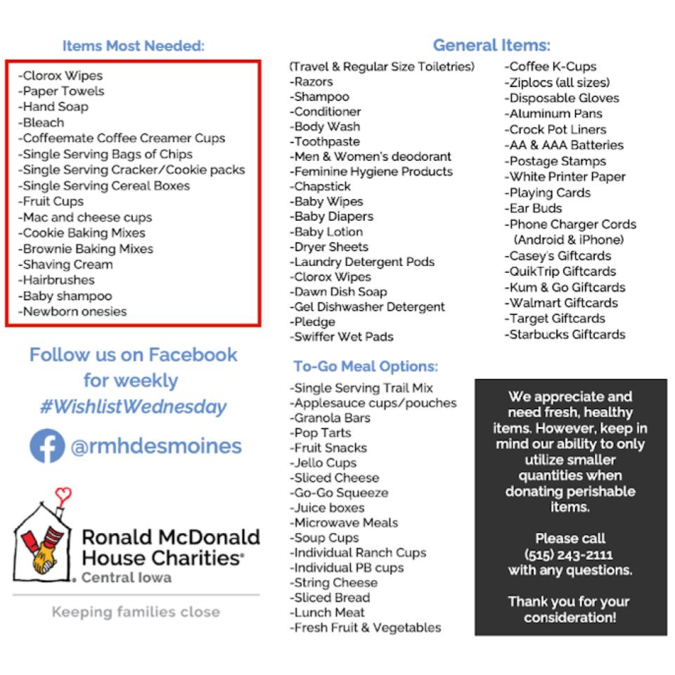 Hello! This Sunday the 21st-May 4th, DCG Theatre will be collecting wishlist items and pull tabs for the Ronald McDonald House Charities of Central Iowa. Bins to collect donations and pull tabs will be at the Grimes Public Library and the Roy R. Estle Memorial Library.
