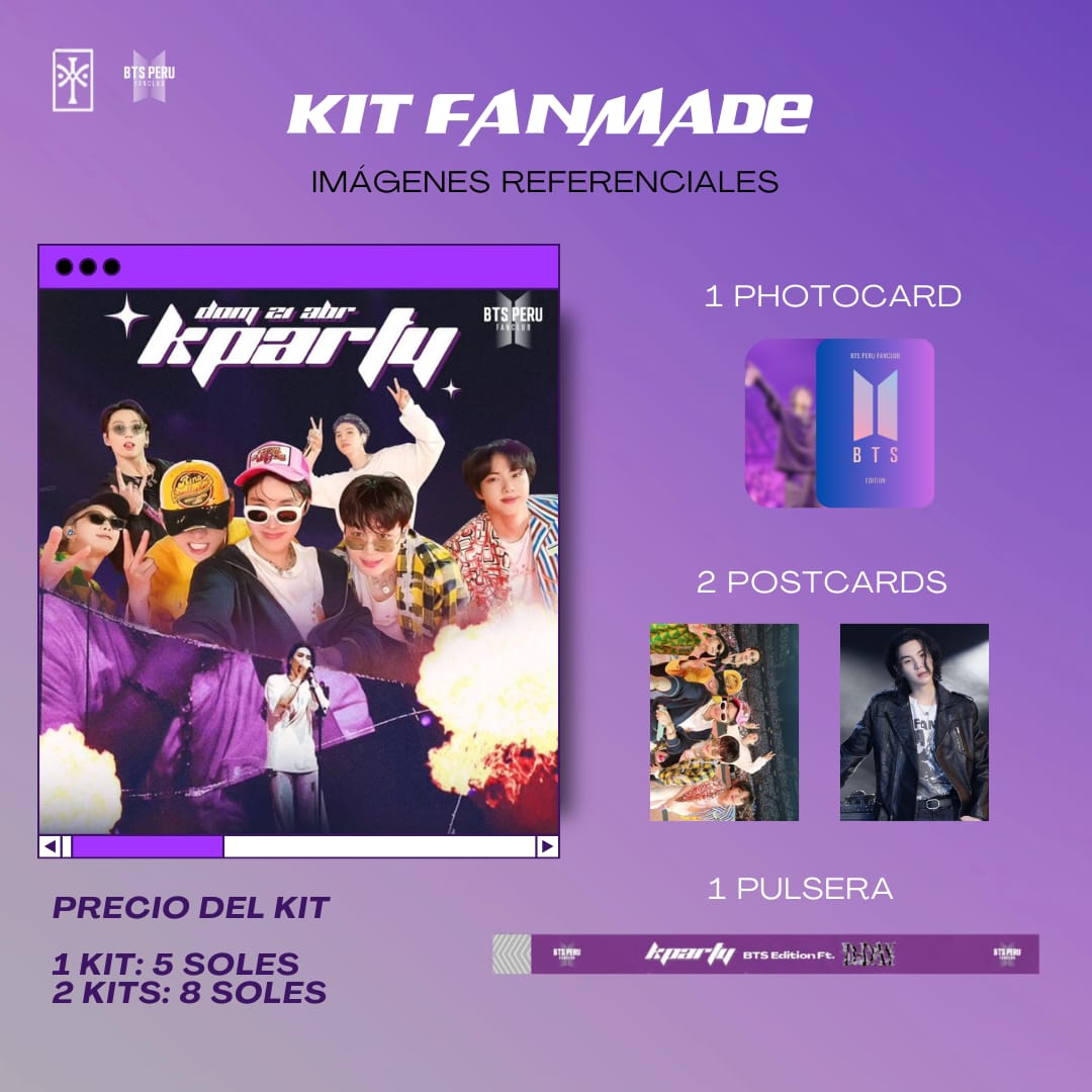 ARMY!!! Les traemos este kit para que se lleven un lindo recuerdo y vivan la experiencia al máximo en la fiesta ✨ ✦ 1 Kit incluye: - 1 pulsera - 1 photocard - 2 postcard ✦ Precio: 1 Kit a 5 soles 2 kits x 8 soles 🙌