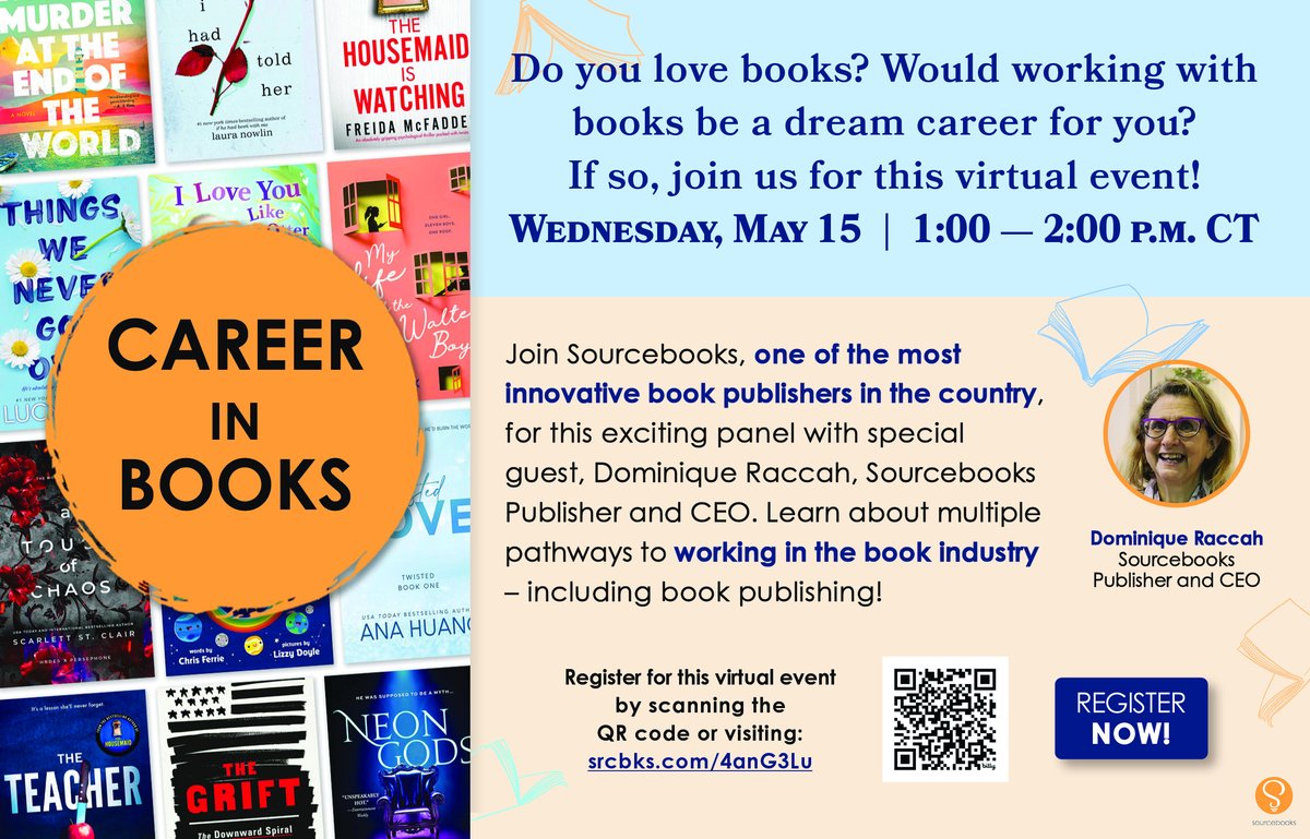 📖 If you want to pursue a career in books, join our free webinar THIS Wed, 5/15! ✒️You'll hear from different Sourcebooks employees about their career journeys, plus an intro by our Publisher and CEO, Dominique Raccah. 👋See you soon! Register here: lnkd.in/grUpifWi