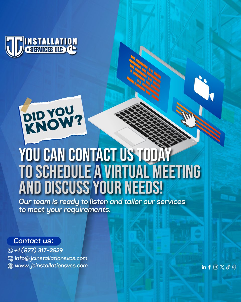 Did you know? 🤔

You can contact us today to schedule a virtual meeting and discuss your needs! Whether it's a rack installation, warehouse optimization, or any other project, our team is ready 
#VirtualMeeting #TailoredServices #JCInstallation #jc #foryoupage #fyp #usa
