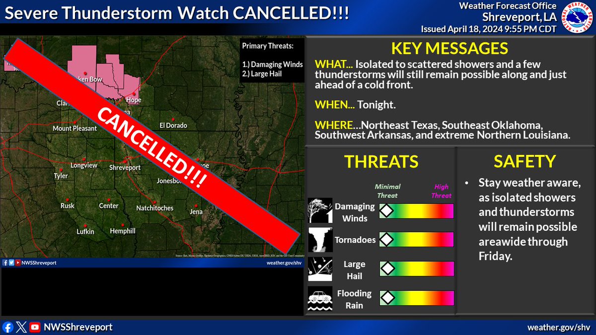 The Severe Thunderstorm Watch for McCurtain County OK and the northern sections of Southwest AR has been CANCELLED! However, isolated to widely scattered showers and a few storms will remain possible tonight over this area into Northeast TX/North LA along/ahead of a cold front.