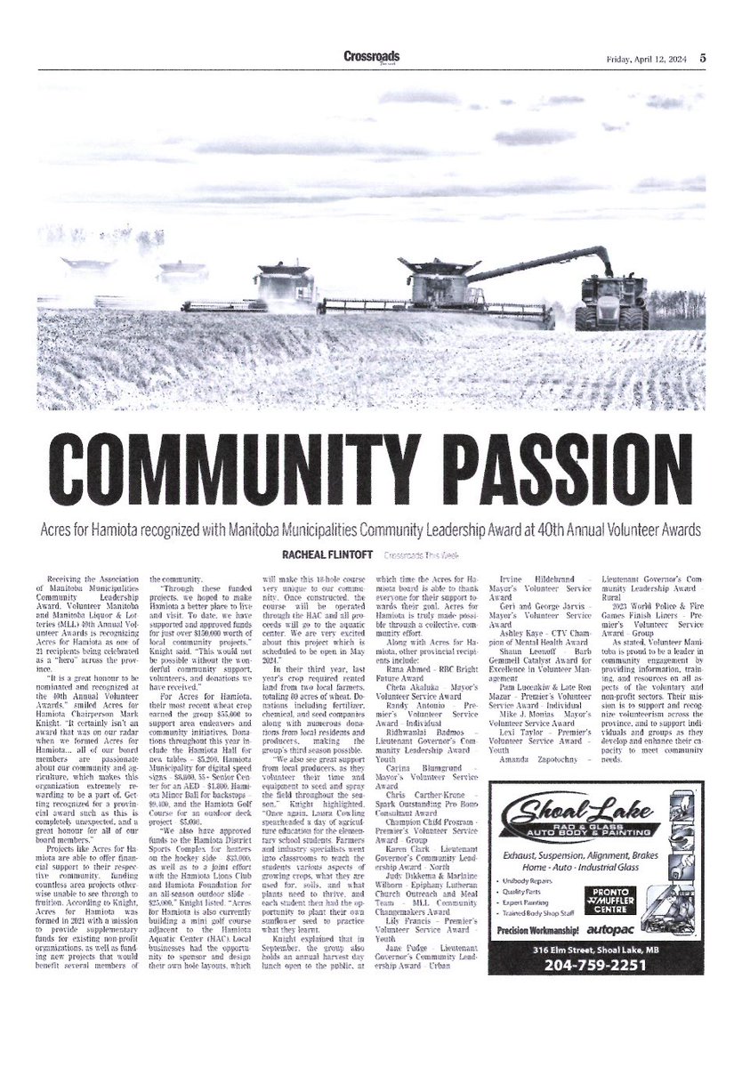 The Acres for Hamiota board attended the 40th annual volunteer awards in Winnipeg this evening. We were honoured to receive the Association of Manitoba Municipalities Community Leadership Award, thank you to mayor Randy Lints for the nomination.