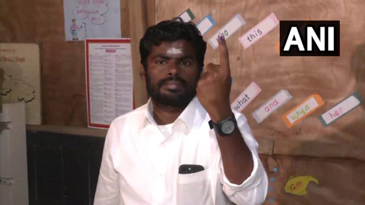 ravikarkara's tweet photo. #VoteForMerit K Annamalai shows his inked finger after casting his vote in the first phase of #LokSabhaElections2024  
@khushsundar @SubramanianKri https://t.co/5cFsO8rGDb