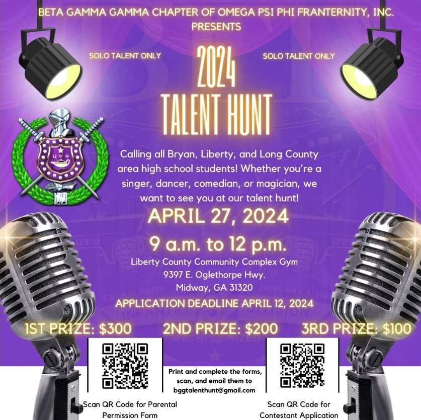 Join the Beta Gamma Gamma Chapter [IG: @bggbruhz ] for their Talent Hunt Program on Saturday - April 27th, at the Liberty County Community Complex Gym in Midway, GA. #FIETTS #omegapsiphifraternityinc #mechQUEnized #talenthunt #mandatedprograms