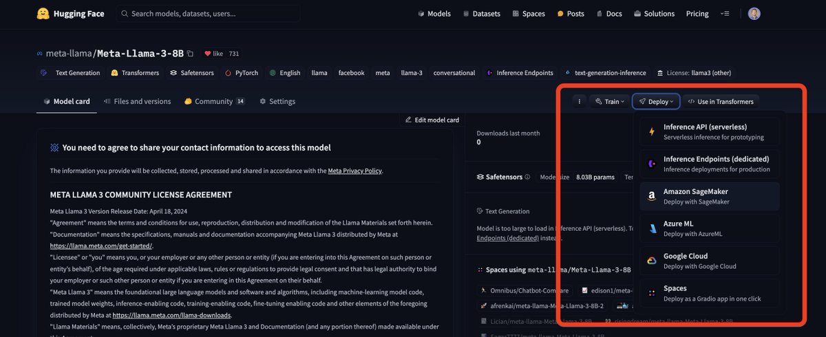 Not everyone is aware but the fact that llama3 has been added to HF on day one means that right away, you can easily run it on @aws Sagemaker, @microsoft AzureML, @googlecloud  Vertex and the @huggingface hosted solutions (autotrain, spaces, serverless and dedicated endpoints).…