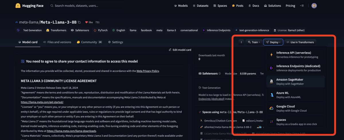 Not everyone is aware but the fact that llama3 has been added to HF on day one means that right away, you can easily run it on @aws Sagemaker, @microsoft AzureML, @googlecloud Vertex and the @huggingface hosted solutions (autotrain, spaces, serverless and dedicated endpoints).