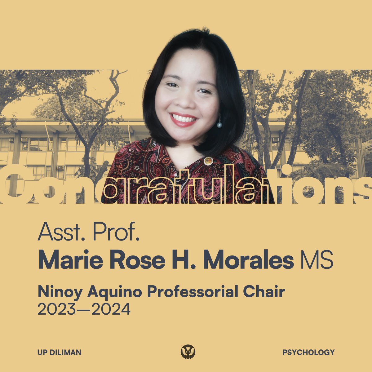 UPDPsych's tweet photo. Congratulations to Asst. Prof. Marie Rose Morales for being awarded the Ninoy Aquino Professorial Chair (2023–2024)! https://t.co/iQxDu1Qg5p