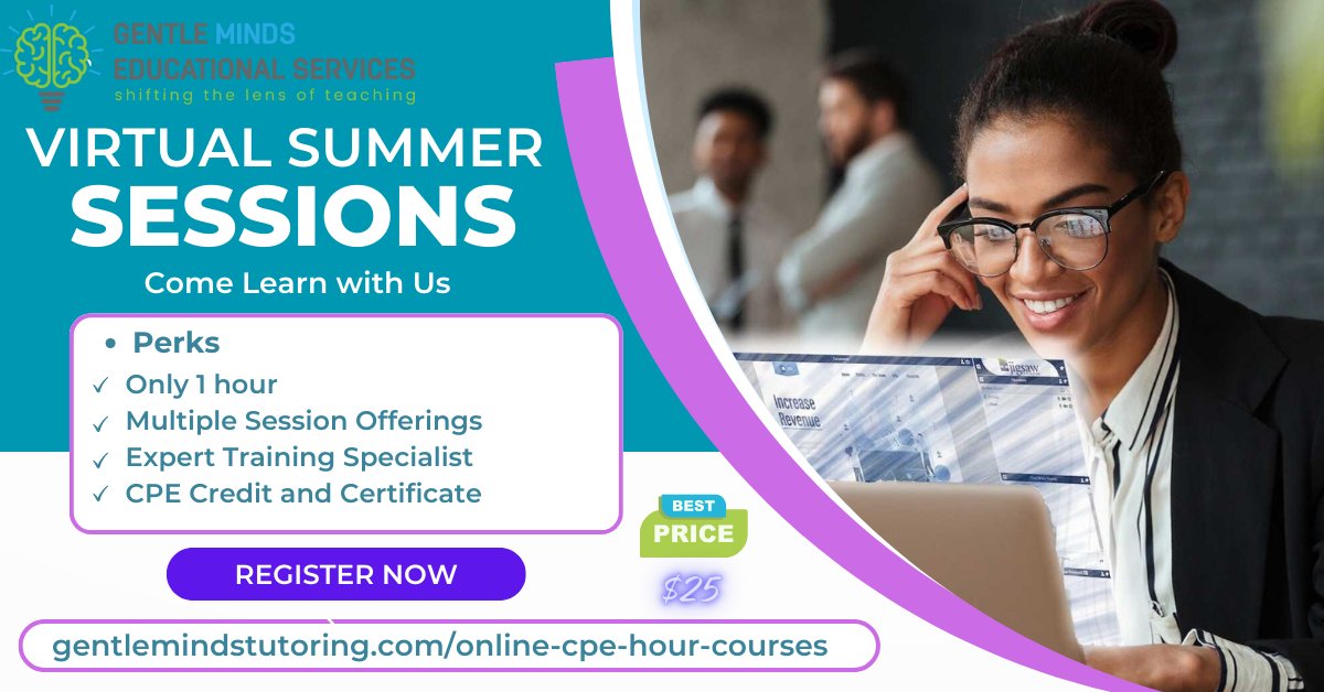 Perks: 
 * 1 CPE Hour of Credit
 * Only $25.00
 * Virtual
 * Facilitated by a Certified PD Specialist
 Visit our website for more information
 gentlemindstutoring.com/online-cpe-hou…