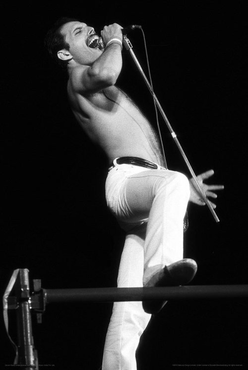 Freddie Mercury performs on stage at the Elland Road Football Stadium in Leeds, 1982. Photo by Denis O' Regan