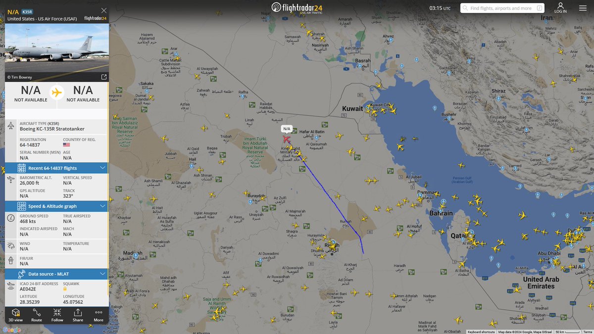 AIYeyENGDdJkjTr's tweet photo. Apr. 19, 2024
#Prince Sultan Air Base #Iraq

#NoCALLSIGN #AE042E USAF KC-135R Stratotanker https://t.co/mJqzZrAzqB