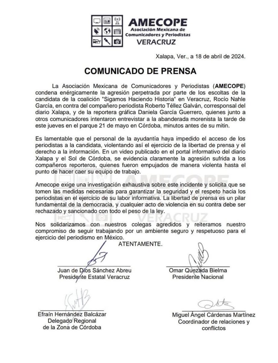 Como ciudadano condeno enérgicamente las agresiones que fueron objeto los periodistas Roberto Téllez Galván y la reportera gráfica Daniela García Guerrero por parte de los escoltas de la señora de Zacatecas @rocionahle el día de hoy. No se equivoque señora @rocionahle en
