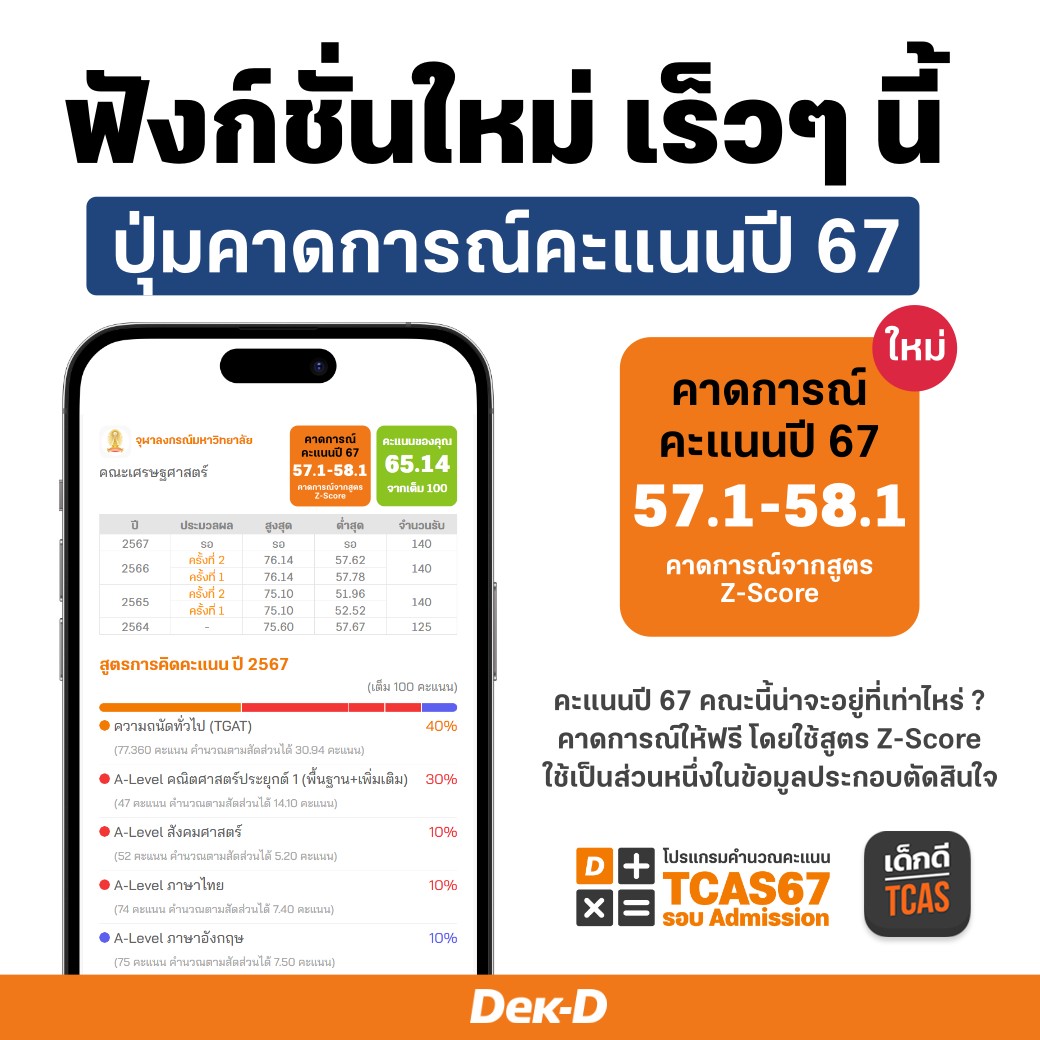 ฟังก์ชั่นใหม่ จากโปรแกรมคำนวณ Dek-D
จะได้ใช้เร็วๆ นี้ครับ
ปุ่มคาดการณ์คะแนนปี 67
.
ปุ่มนี้จะคาดการณ์ให้ว่าคะแนนปีนี้ของคณะนี้ น่าจะอยู่ที่เท่าไหร่ คาดการณ์โดยใช้สูตร Z-Score เพื่อเป็นหนึ่งในข้อมูลให้น้องๆ ได้ใช้ประกอบการตัดสินใจจัด 10 อันดับ Admission ปีนี้ครับ #dek67