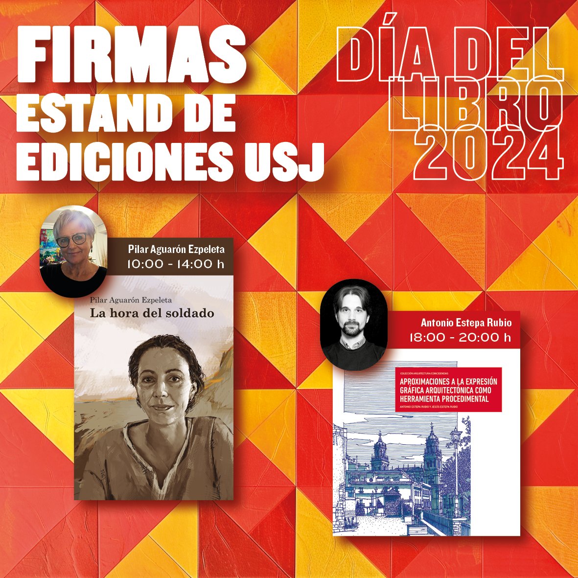 Un año más, estaremos presentes en el #DiaDelLibro de Zaragoza con nuestro estand de Ediciones USJ. Pilar Aguarón y Antonio Estepa nos acompañarán firmando ejemplares de sus nuevos #libros. 🗓️ 23 de abril ⌚️ de 9:30 a 21:30 h 📍 Estand Ediciones USJ, p.º de la Independencia, 4