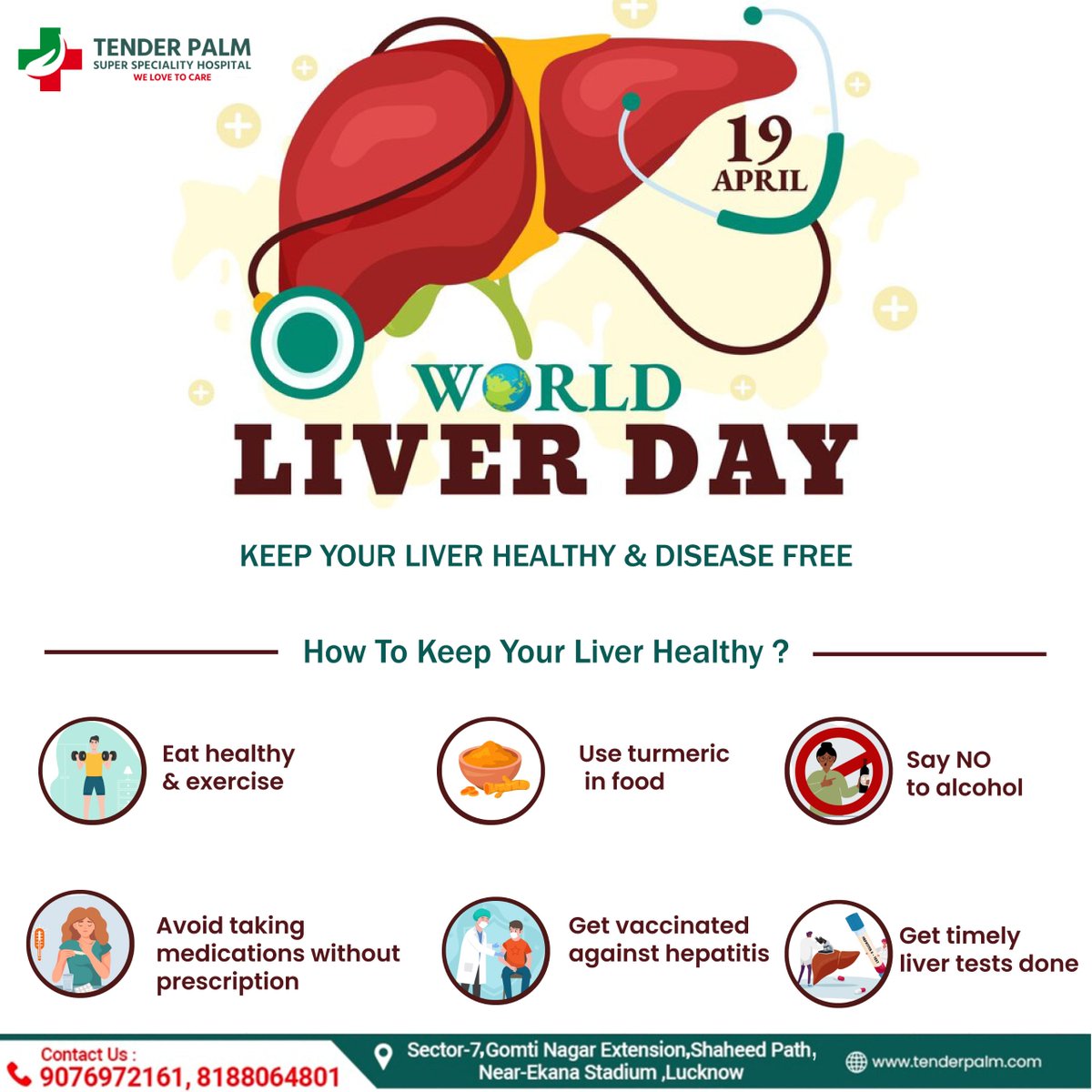 Let's spread awareness and celebrate the incredible resilience of our liver.
Keep Your Liver Healthy & Disease Free
World Liver Day

#TenderPalmHospital #Lucknow #BestHospital #Health #LoveToCare #BestHospitalInLucknow #WorldLiverDay #WorldLiverDay2024 #LiverHealth #HealthyLiver