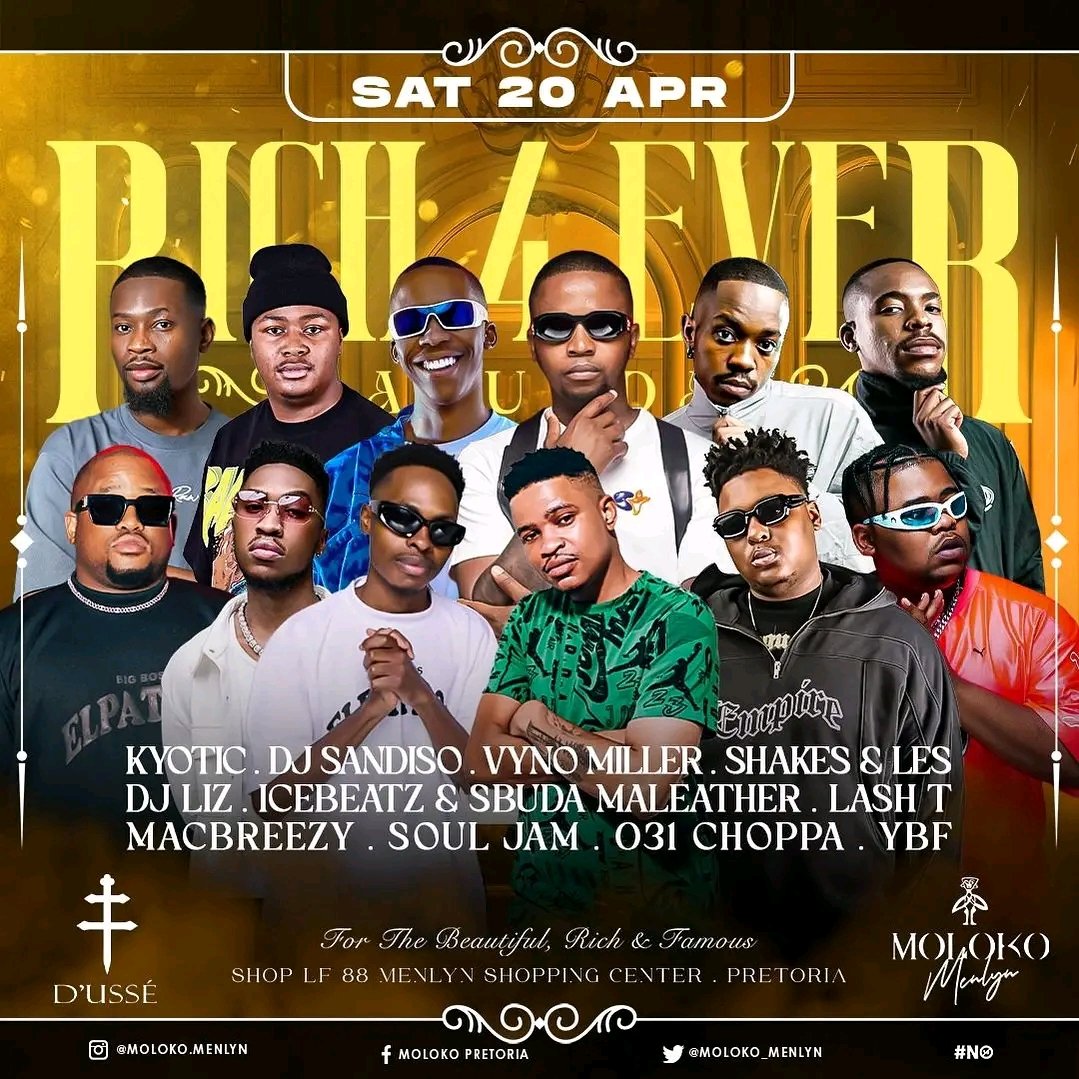 #Rich4Ever Saturday's @Moloko_Menlyn @kyotic_dj @DJSandisoSA @VynoMiller @souljam_sa @MacBreeezy 🔥🔥🔥🔥 @moloko.menlyn