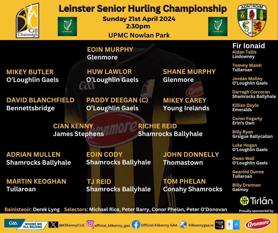 Derek Lyng & his selectors have named the Kilkenny team to play Antrim in round 1 of the @officialleinstergaa Senior Hurling Championship. 

🗓️ Sunday 21st April
🕛 2:30pm
📍 UPMC Nowlan Park 

Advance ticket sales only at selected Supervalu or Centra stores or ⬇️