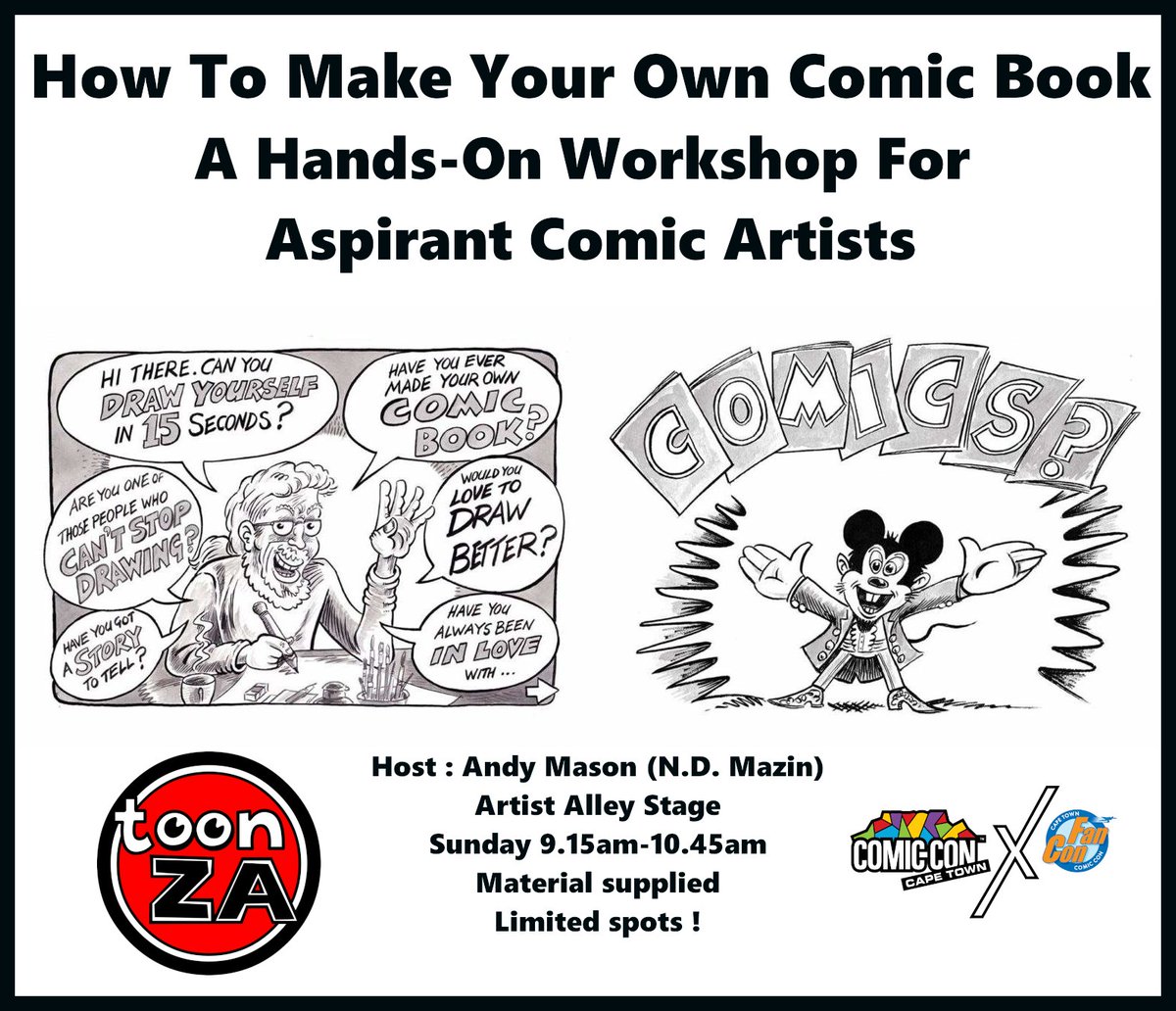 Calling all budding comic book artists! Sign up for this amazing workshop with legendary <a href="/NDMazin/">BlueMamba</a> !
How To Make Your Own Comic Book: A Hands-On Workshop For Aspirant Comic Artists
AA Stage <a href="/ComicConCPT/">Comic Con Cape Town</a> Sunday 9.15am-10.45am
Materials supplied, reserve via email info@fancon.co.za