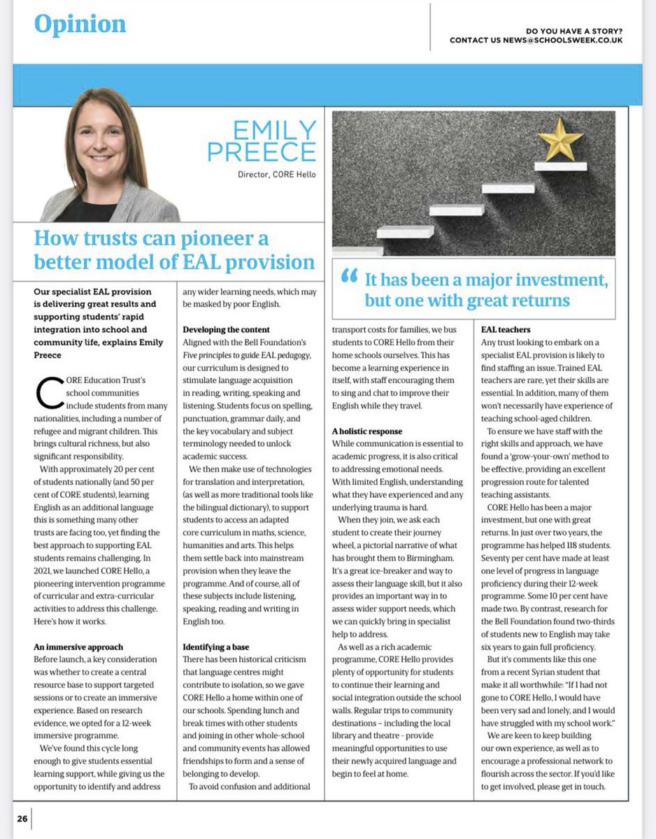 We are very proud that our EAL provision @CORE_Hello1 is recognised in @SchoolsWeek. Congratulations @Emily_Preece23 and team for driving this pioneering work 👏