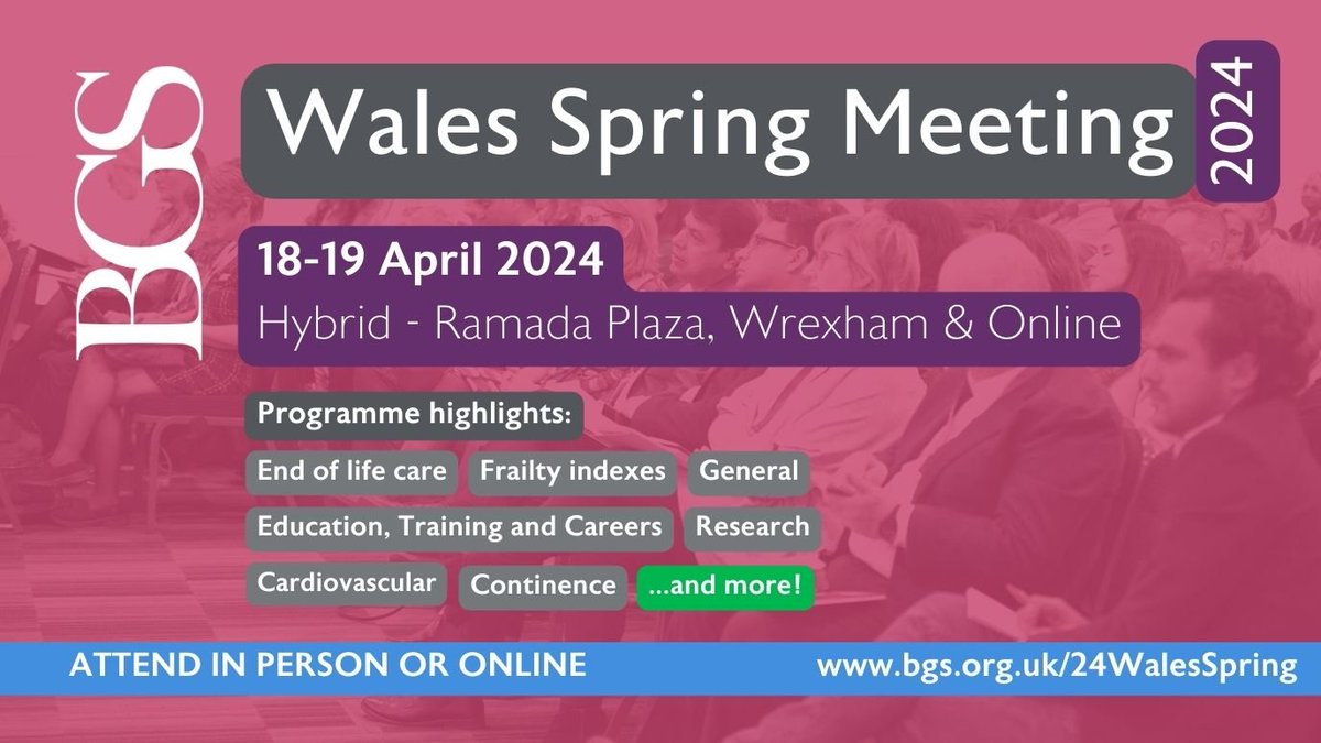 We have an exciting programme underway at our Wales Spring Meeting in Wrexham and online today. Sessions include Controversies in #AntiplateletTherapy for TIA, #PalliativeMedicine and an exciting #FrailtyScore debate. Follow all the tweets via #BGSconf bgs.org.uk/events/2024-wa…