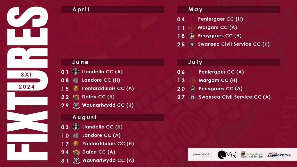 🏏 Fixture List for 2024 Season ⬇️ 

1XI - Division 1
2XI - Division 3
3XI - Division 8 

Come and support all 3 teams as we look forward to another promising year.