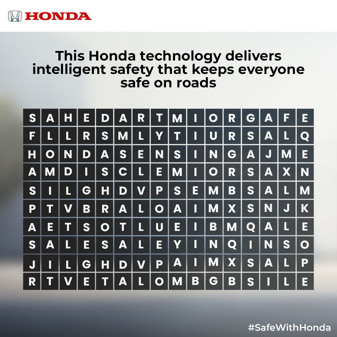 Q1. Spot the Honda safety technology hidden in the grid and stand a chance to win exciting prizes! Comment the correct answer to participate in the #SafeWithHonda Contest. #HondaContest #HondaCarsIndia #HondaCars