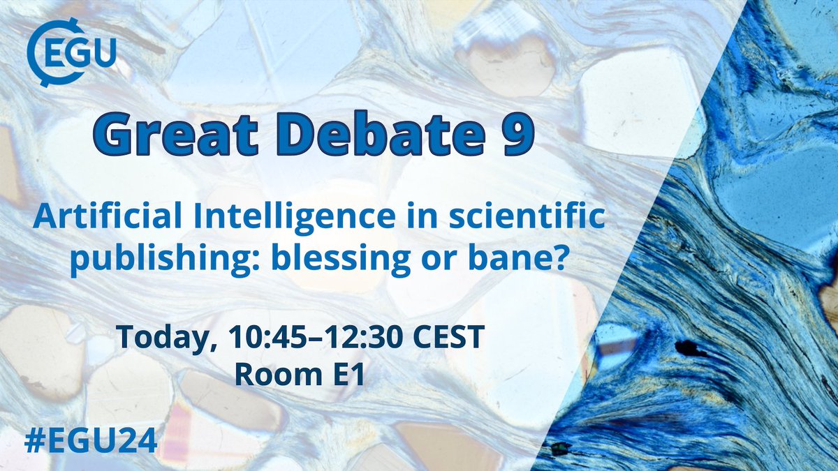 Starting now in Room E1 at #EGU24: GDB9 Artificial Intelligence in scientific publishing: blessing or bane? Join us: meetingorganizer.copernicus.org/EGU24/session/…