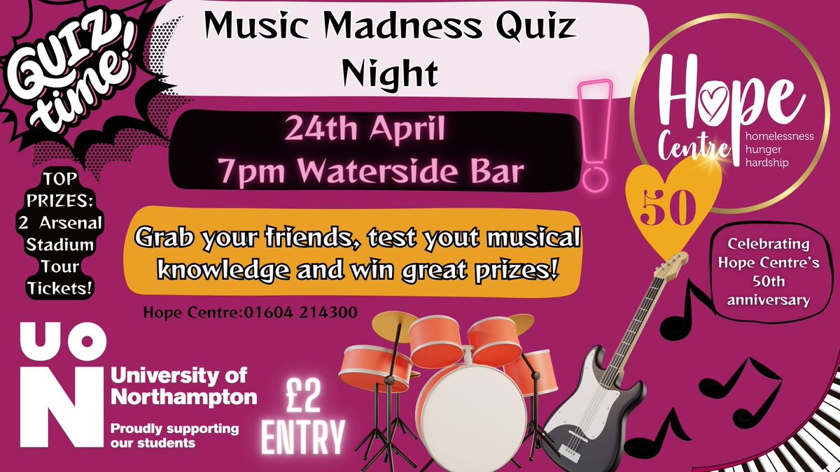 A student group at the University of Northampton are running a 'Music Madness' Quiz next wedneday. It's at the Waterside Bar, bring friends and support a great charity! #QuizNight #Northampton @UniNhantsNews