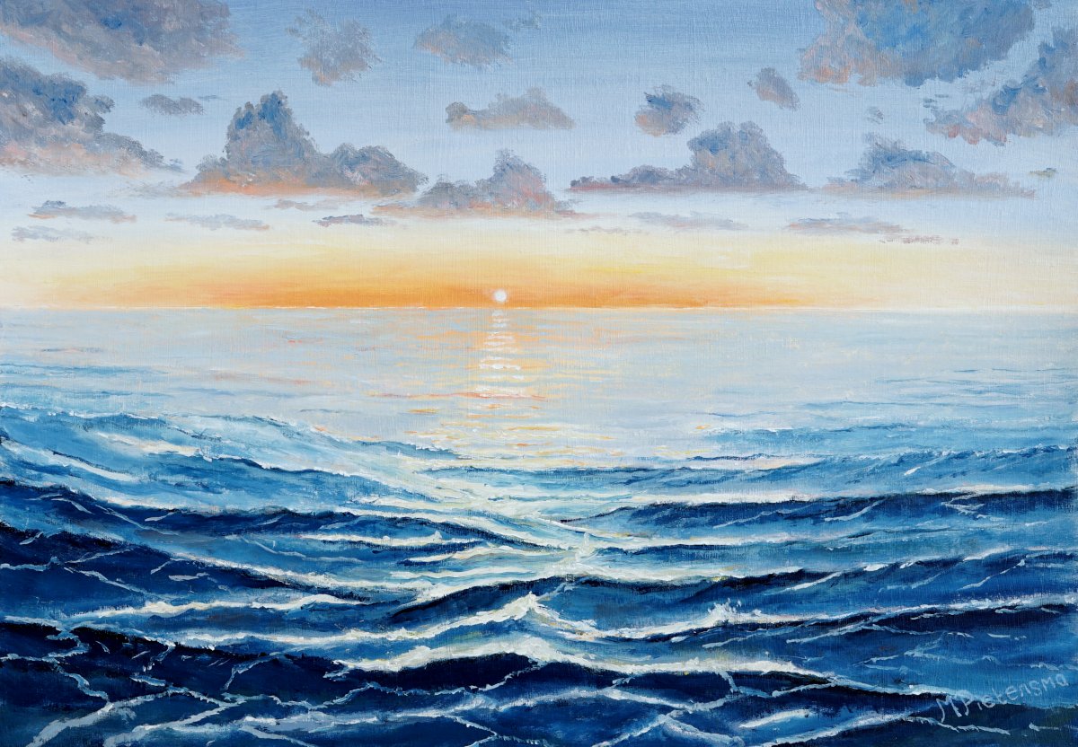 Painting nr 67
An ocean view at sunset
Oil on paper 42x30 cm, September 2022
#oilpainting #seascape #seapainting 
#schilderen #olieverf #zeeschilderen #kunstschilderen