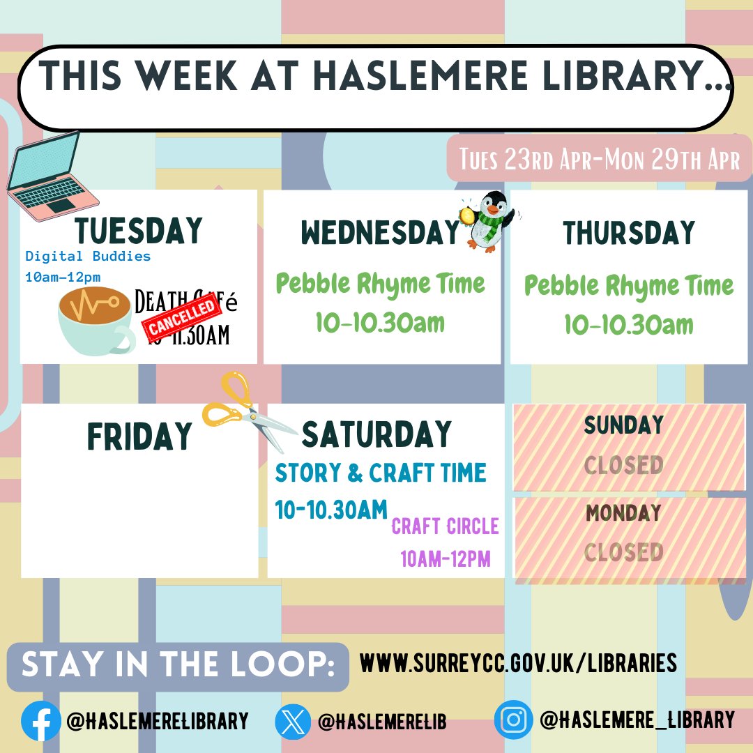 Ready for a week full of fun and learning?

For more upcoming events, why not check out the events page on our website?

tinyurl.com/Haslemere-Libr…

Don't forget to like and follow us on Facebook, Twitter and Instagram and stay in the loop!

@SurreyLibrariesUK #HaslemereLibrary