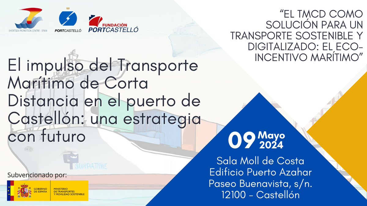 ⚓️ @portcastello organiza una interesante jornada sobre #TMCD, en colaboración con la Asociación Española de Promoción del Transporte Marítimo Corta Distancia 🗓 9 de mayo 📍 Sala Moll de Costa. Edificio Puerto Azahar. El Grao. Castellón ➡️ bit.ly/3vYiIkz #càtedresuji