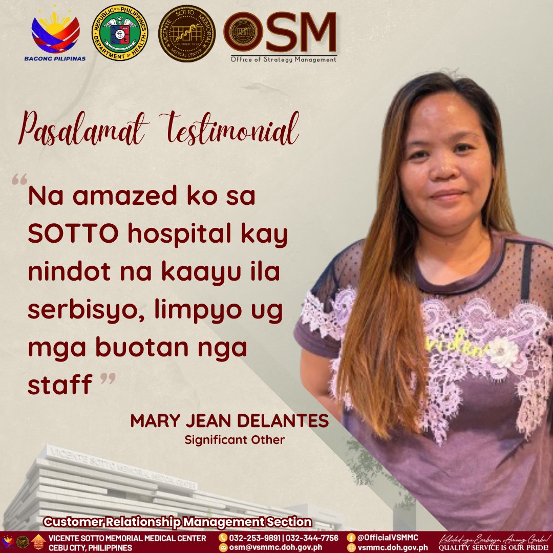 To our stakeholders and mga ka-vibes! We present to you our PASALAMAT TESTIMONIAL of the week. VSMMC values and captures patients' experience, message of gratitude, and their stories of service satisfaction through our Pasalamat Testimonials.