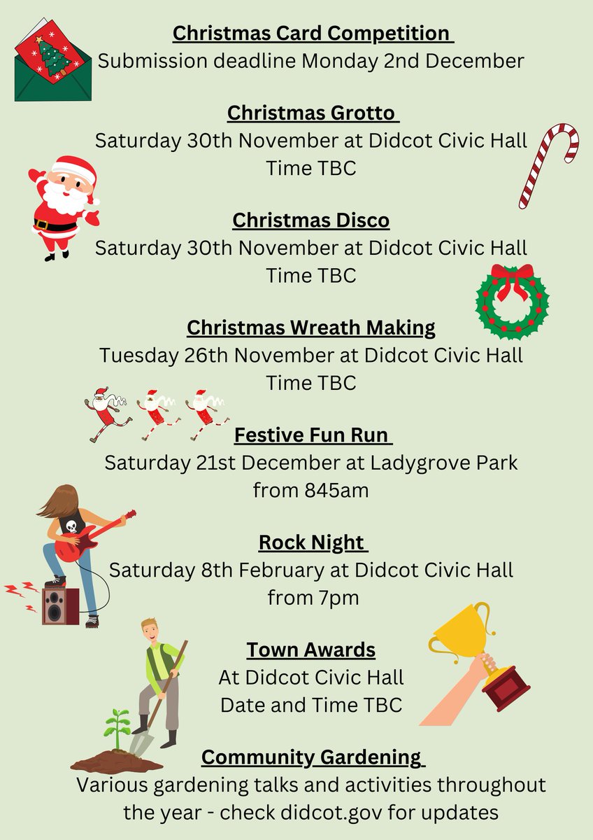 Upcoming Events - if you have any queries or would like to be involved please email events@didcot.gov.uk 

#events #didcot #eventsindidcot #didcotevents #oxfordshire #southoxfordshire #familyactivities