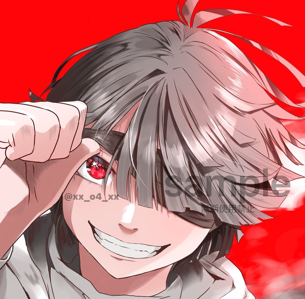 solo looking at viewer smile short hair simple background 1boy red eyes  illustration images
