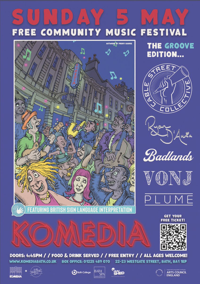 If you're looking for something to do in a couple of weeks time our partners @KomediaBath are hosting a Free Community Music Festival on Sunday 5 May! This Groove edition features bands such as Cable Street Collective and Ryan D'Auria. #onedaymusicfestival #livemusic #concert