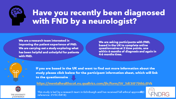 NEW STUDY from our FND group in Edinburgh. Are you newly diagnosed with FND in the last 6 months, over 18 and based in UK? We want to find out your experience of diagnosis to improve care First 300 replies get a £10 M&S voucher! Click here - bit.ly/3Jj6Exw Thanks!
