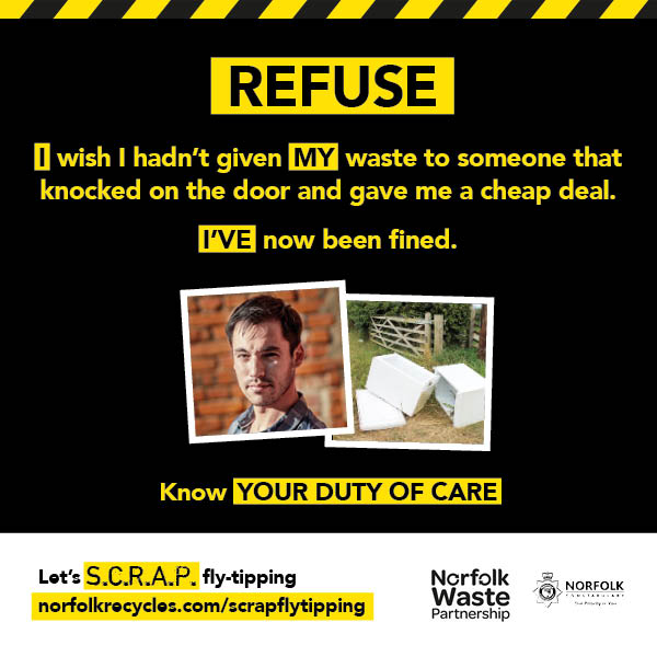 How can you prevent fly-tipping? Refuse offers to have your rubbish taken away. It could be fly-tipped and you could be fined. #Scrapflytipping norfolkrecycles.com/scrapflytipping