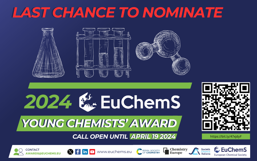 ⏰❗Last chance to nominate, and have your abstract presented at @EuChemS_Congres - nominations close today If your oral #abstract was accepted to #ECC9, don't miss this chance ⤵️ euchems.eu/awards/europea… #EYCA is kindly sponsored by @SocChimIta, @ChemEurope and @RoySocChem