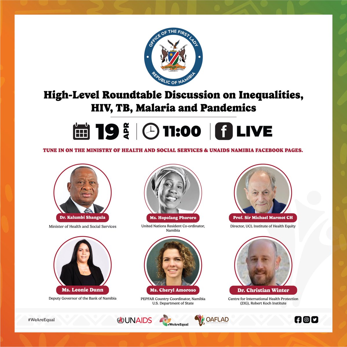 Today, First Lady Madam Sustjie Mbumba and @UnaidsNamibia host a High-Level Roundtable discussion on Inequalities, HIV, TB, Malaria and Pandemics at the State House. ▶️ Tune in to @MhssNamibia and @UnaidsNamibia at 11:00 on Facebook Live to join the discussion. #EndAIDS2030