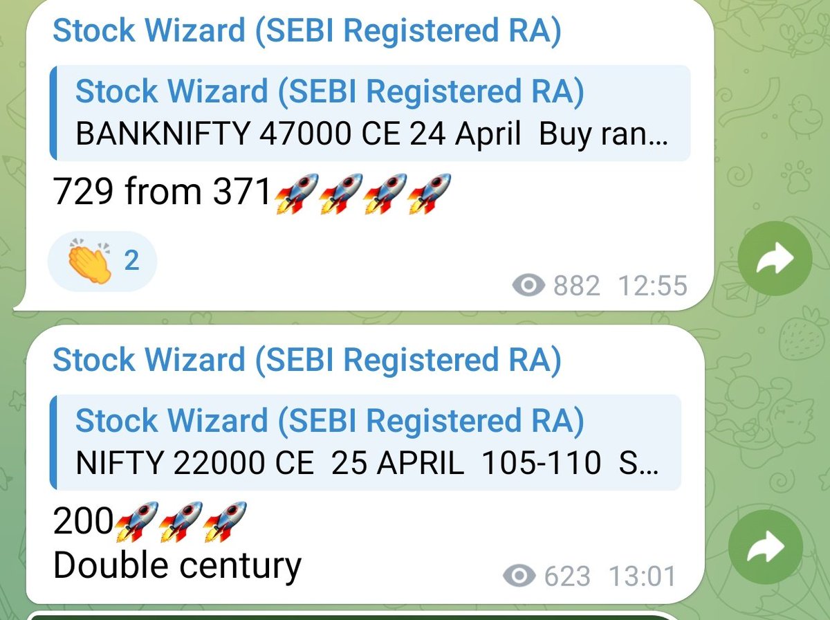 Super Jackpot Day 🌟
Nifty Bank Nifty 🔥🔥🔥
BNF 47000 CE 890 from 370 🚀🚀🚀 
Nifty 22000 CE 267 from 100 🚀🚀🚀
Both 2x 💰💰 (Intra)
All Free Updates SW TG Channel 📈
t.me/stockwizardd