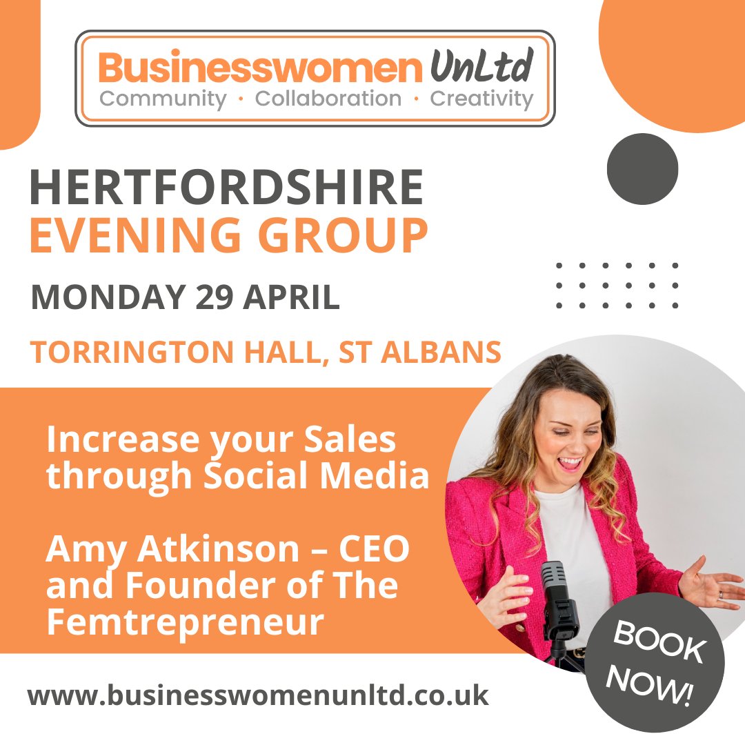 At our next Hertfordshire Evening Group Meeting, Amy Atkinson – CEO and Founder of The Femtrepreneur will be joining us to take you through key things you need to do to grow your sales through social media. Book now at businesswomenunltd.co.uk/events/hertfor… #businesswomenunltd