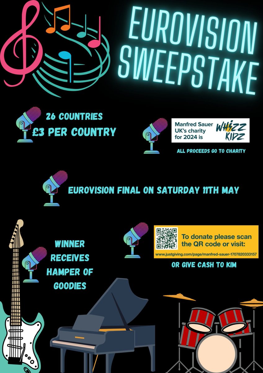 #FeatureFriday: Join in with our Eurovision Sweepstake fun! 🎤🎶 We're raising funds for @WhizzKidz and young wheelchair users and we'd love you to help us - you could even win a hamper of goodies! Simply choose your winning Country and donate via the QR code. #Eurovision