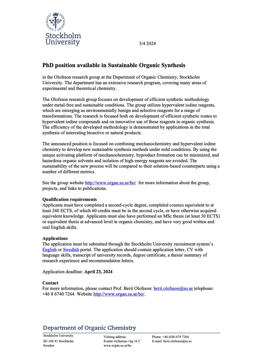 We are looking to hire a researcher as a PhD student. Would you like to bridge the gap between mechanochemistry and hypervalent iodine? Do you want to work in a sustainability-driven environment? If so, see below for more information. Closing date is 23rd April 2024.