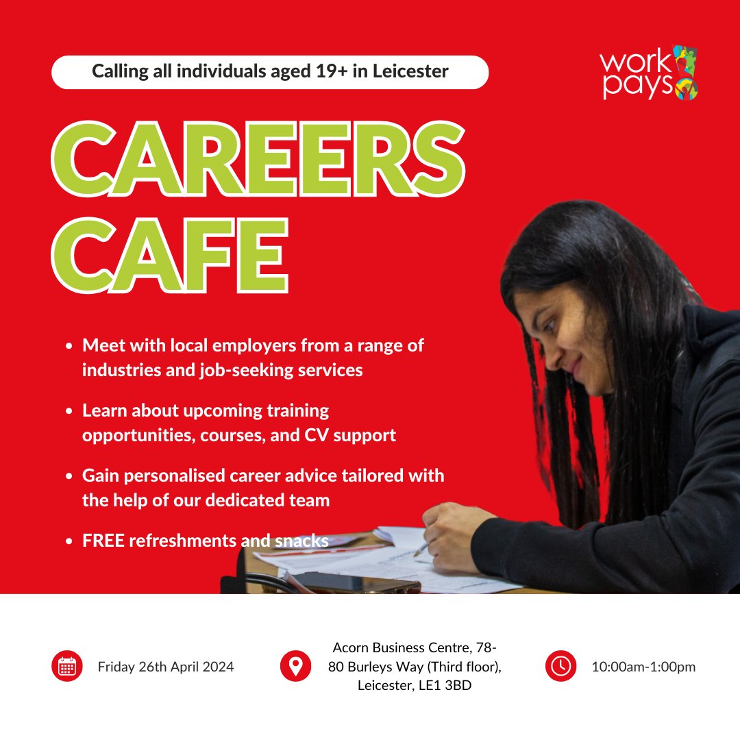 GET READY TO SNACK, CHAT, AND BOOST YOUR CAREER! Whether you're seeking employment, aiming for career growth, or just need some friendly guidance, Workpays can help! Register today: eventbrite.com/e/leicester-ca… #CareersEvent #EmploymentSupport #Leicester #ShortCourses #JobsFair