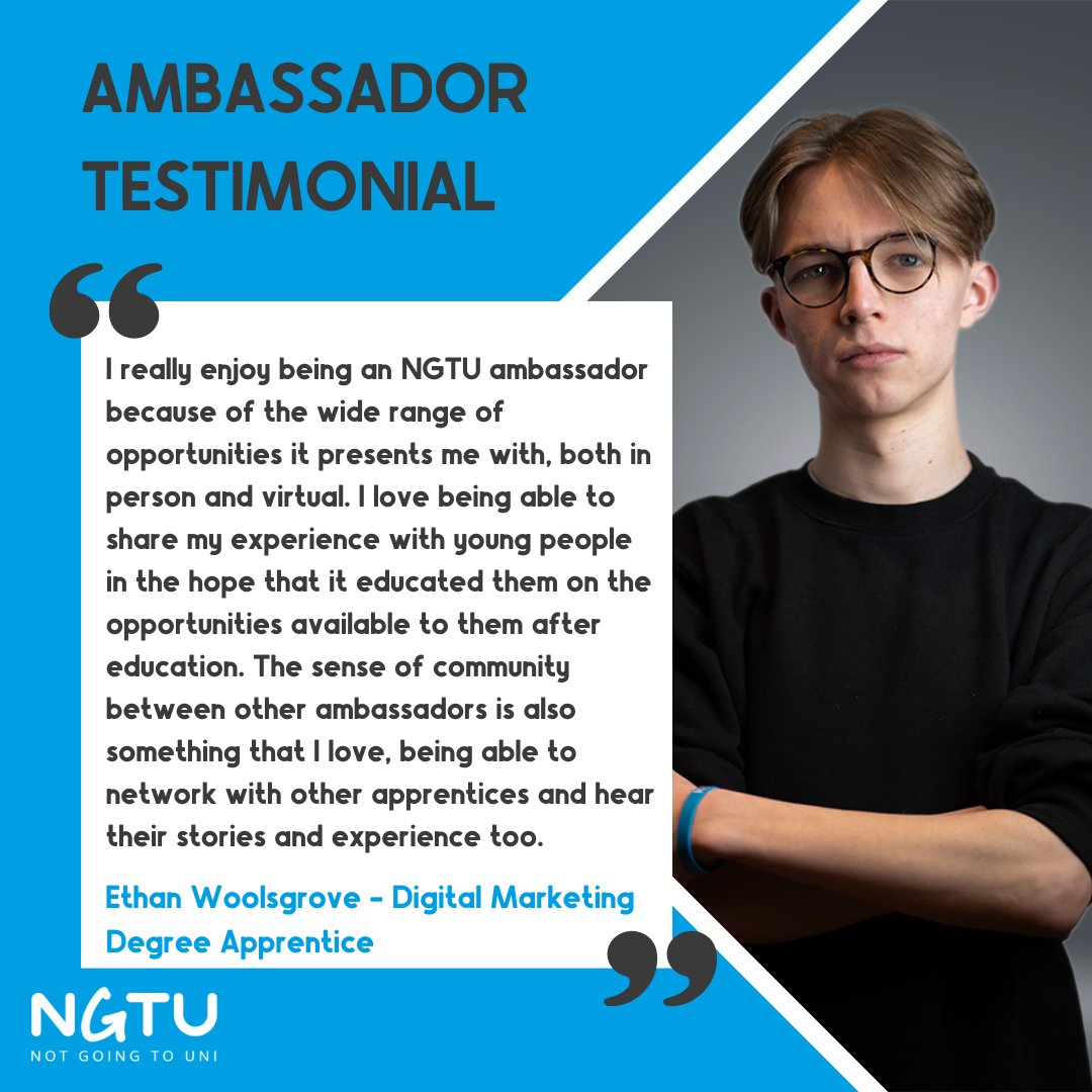 Ethan is a Digital Marketing Degree Apprentice and shares his experience of being an NGTU ambassador and why he loves it! To find out more about becoming an ambassador please email ambassadors@notgoingtouni.co.uk 📩 #ambassadors #apprentice #apprenticeships #earlycareers