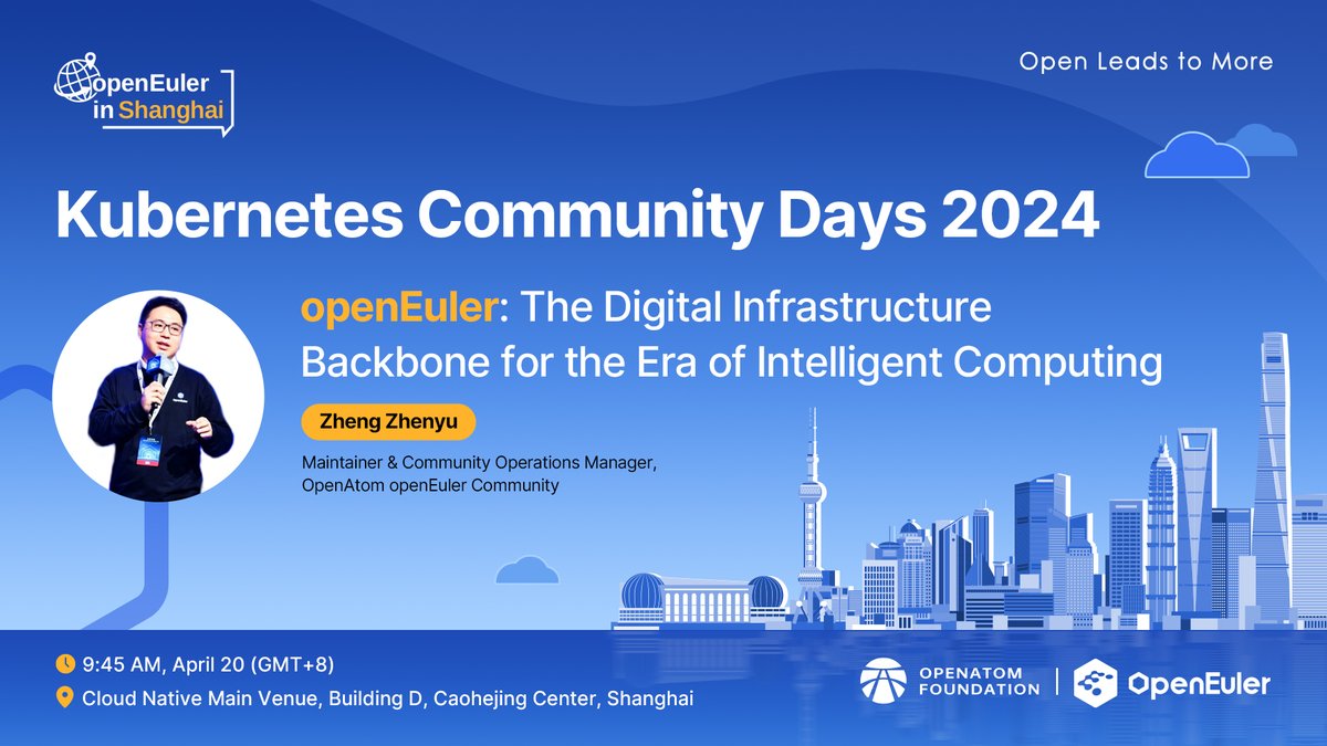 👏Zheng Zhenyu will be delivering a keynote speech on intelligent #computing infrastructure at #KCD Shanghai 2024. Come and join us! @CloudNativeFdn @KubernetesDays To register, please visit: community.cncf.io/events/details… #openEuler #KCDShanghai #opensource #OS #K8s #cloudnative #CNCF