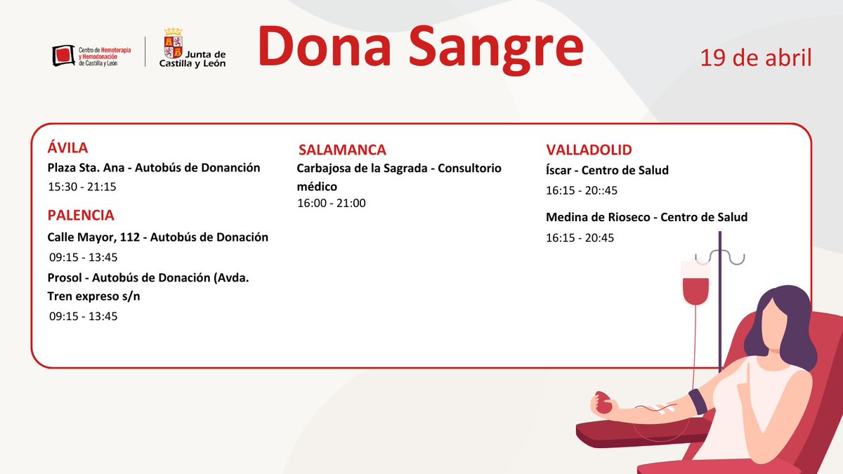 Comienza el fin de semana salvando vidas 🩸 #DonaSangre en cualquiera de estos puntos móviles de la Comunidad ¡Contamos contigo! #DonaSangreCyL👇 centrodehemoterapiacyl.es/puntos-de-dona…