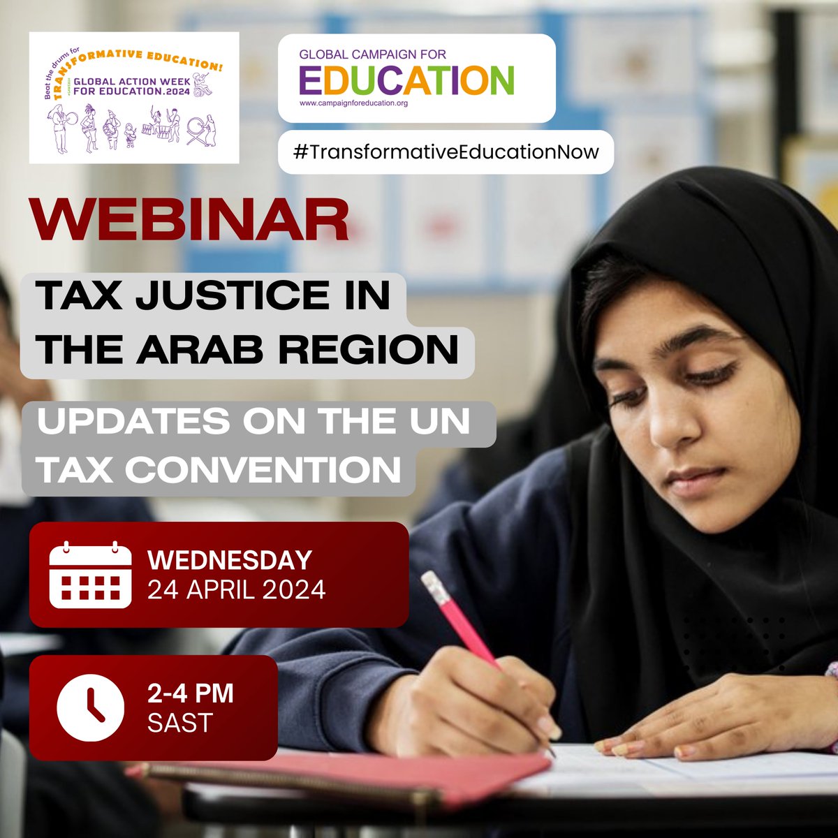 Webinar Launch of GAWE 2024 on April 22, 2:00-4:00 PM South Africa Register us02web.zoom.us/webinar/regist… Webinar on Tax Justice in the Arab Region and Updates on the UN Tax Convention, April 24, 2:00 PM SAST Register us02web.zoom.us/webinar/regist… Arabic, English, French, Portuguese, Spanish