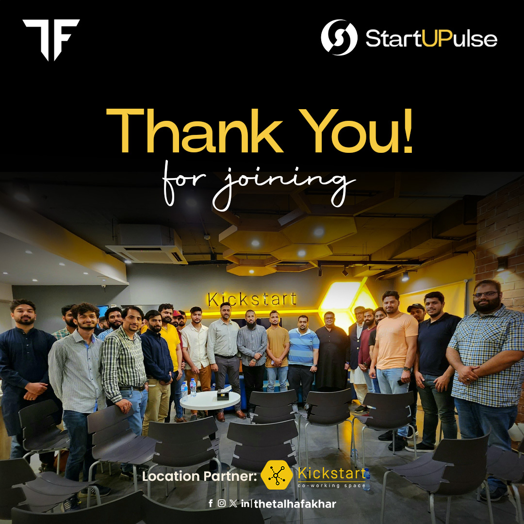 Huge thanks to everyone at yesterday's #Startupulse event at Kickstart! 🌟 Special shoutout to Mariam Mubashir Ali for her support and our amazing speakers Mubarrum Ali, Emraan Cheema, & Ali Raza for their invaluable insights. #communitygrowth #talhafakhar