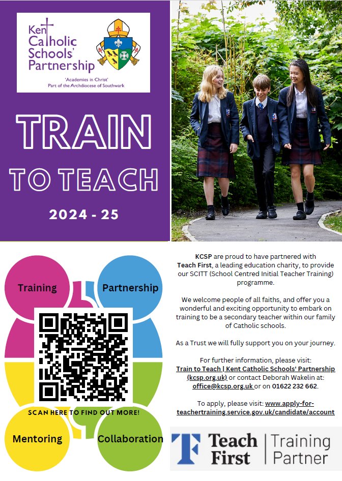 ⭐Train to be a teacher with our Trust in 2024/25 ⭐ We can offer you an exciting opportunity to embark on training to be a teacher within our family of Catholic schools! 🖱️For further information, please visit: kcsp.org.uk/about-the-scit…