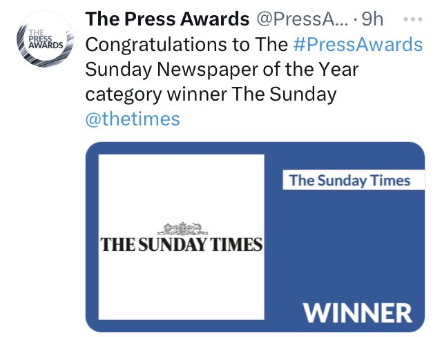 Great night at the @PressAwardsuk celebrating scoops and the brilliant team at The Sunday Times @thetimes winning Sunday newspaper of the year 💪🏽Congratulations to @RosamundUrwin & @char_wace @DeccaJourno and @HadleyFreeman for the haul of gongs #PressAwards